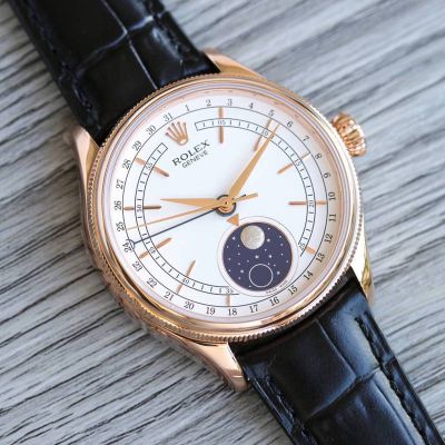 Rolex Geneve Cellini 50535 Moon Phase 39*11.8mm Rose Gold Bezel Mens Watch